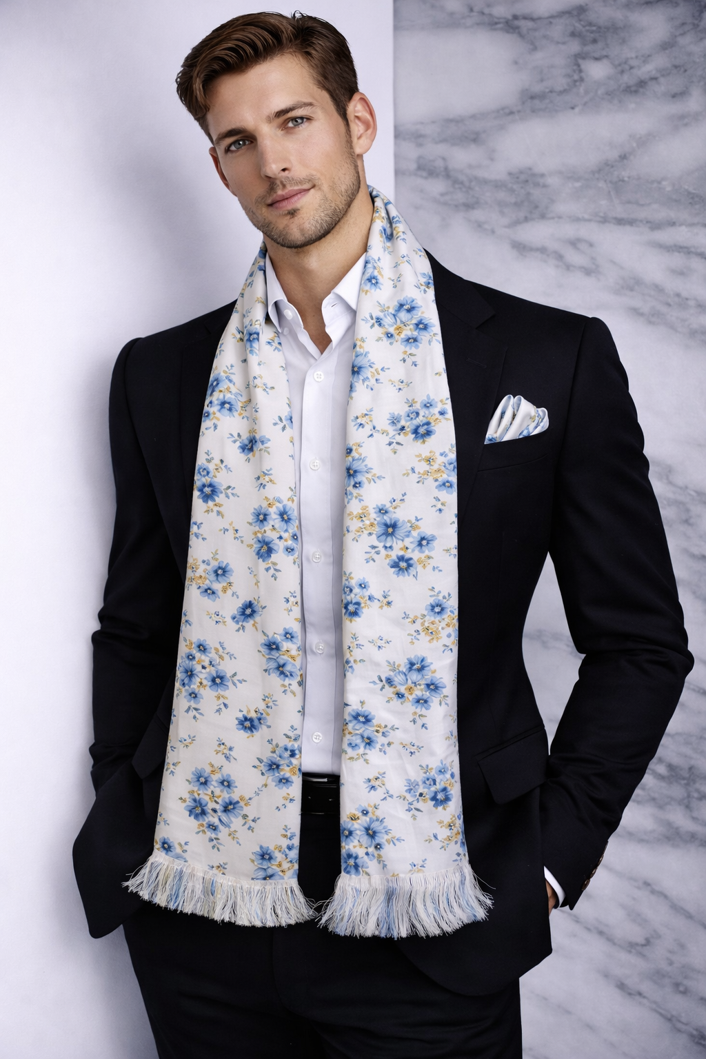 Teal Floral Printed Scarf With Pocket Square