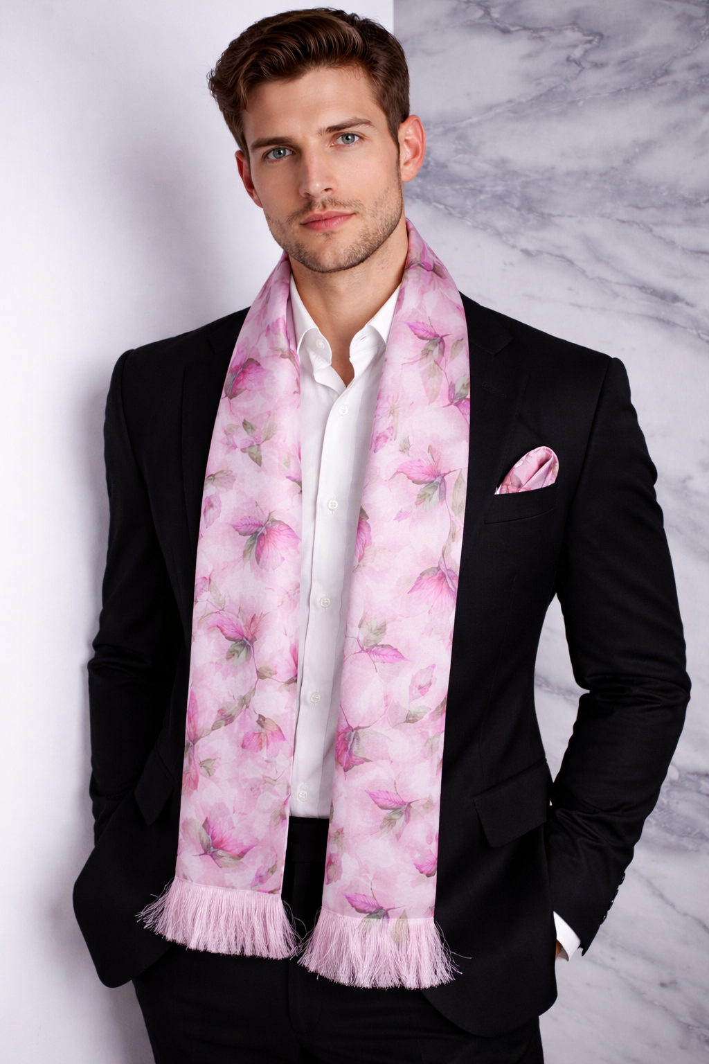 Pink Leafy Printed Scarf With Pocket Square