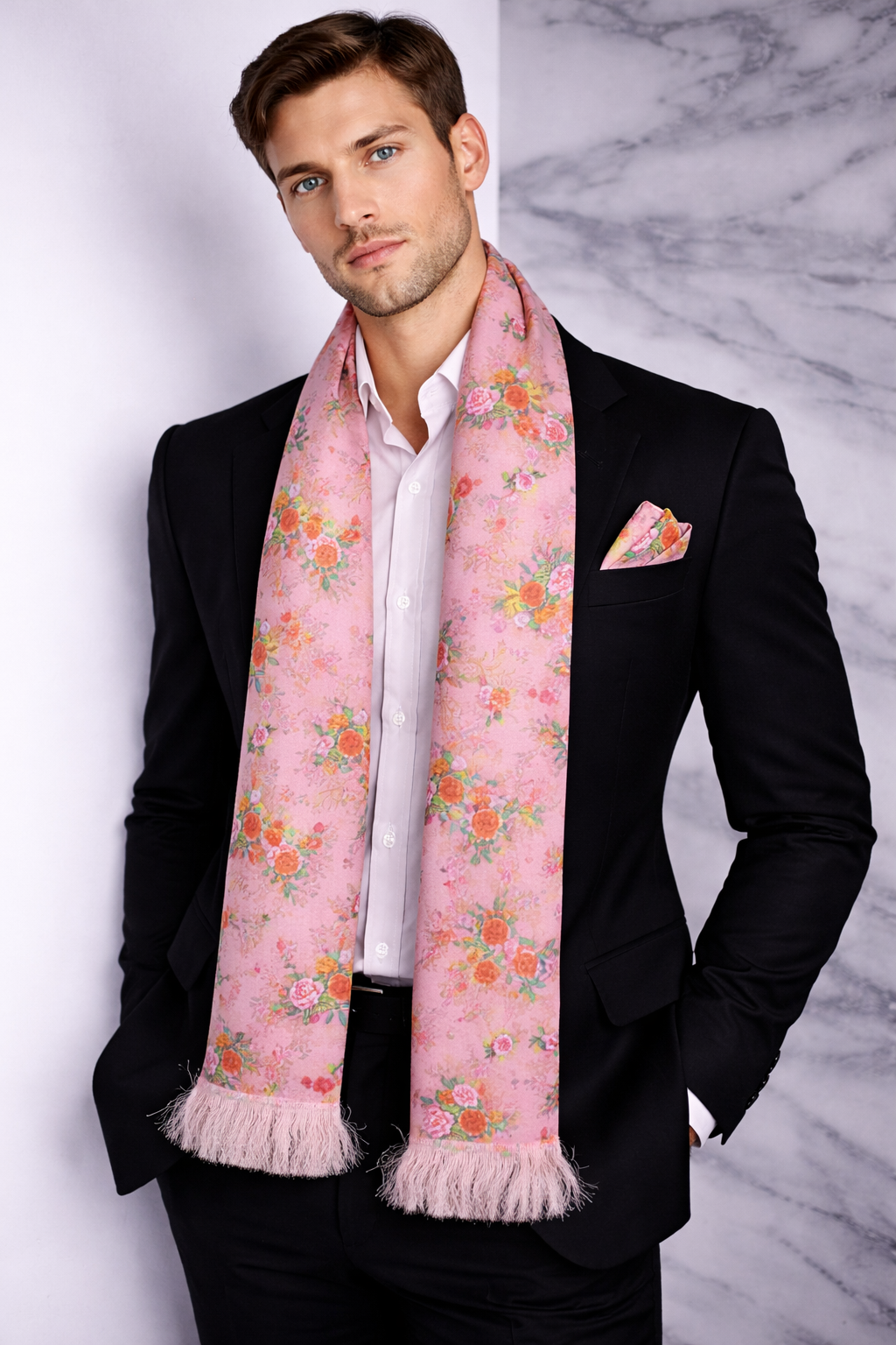 Pink Floral Scarf With Pocket Square