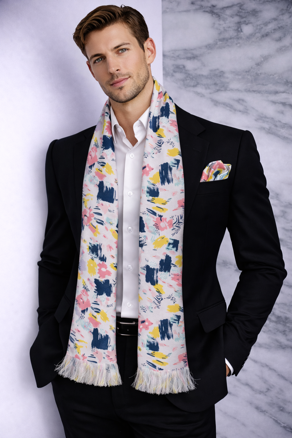 Pink Strikes Abstract Printed Scarf With Pocket Square