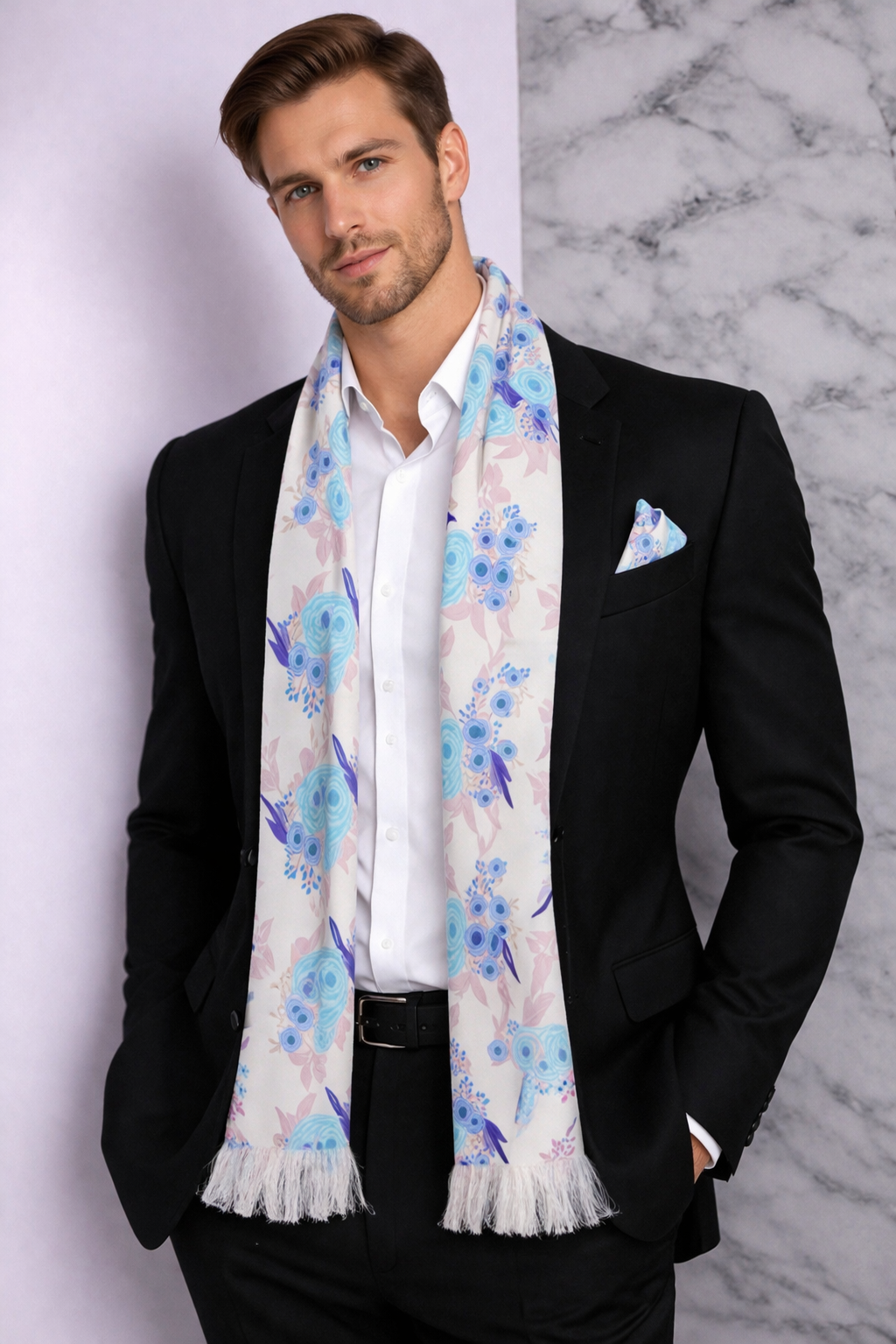 White Floral Printed Scarf With Pocket Square