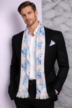 White Floral Printed Scarf With Pocket Square