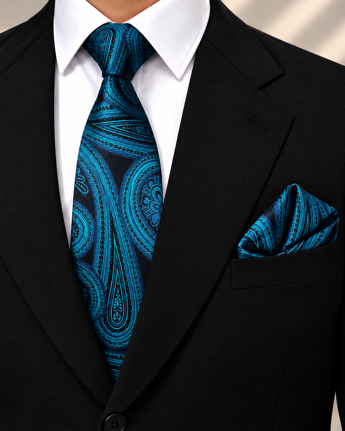 Teal Paisley MicroSilk Necktie Set with Pocket Square