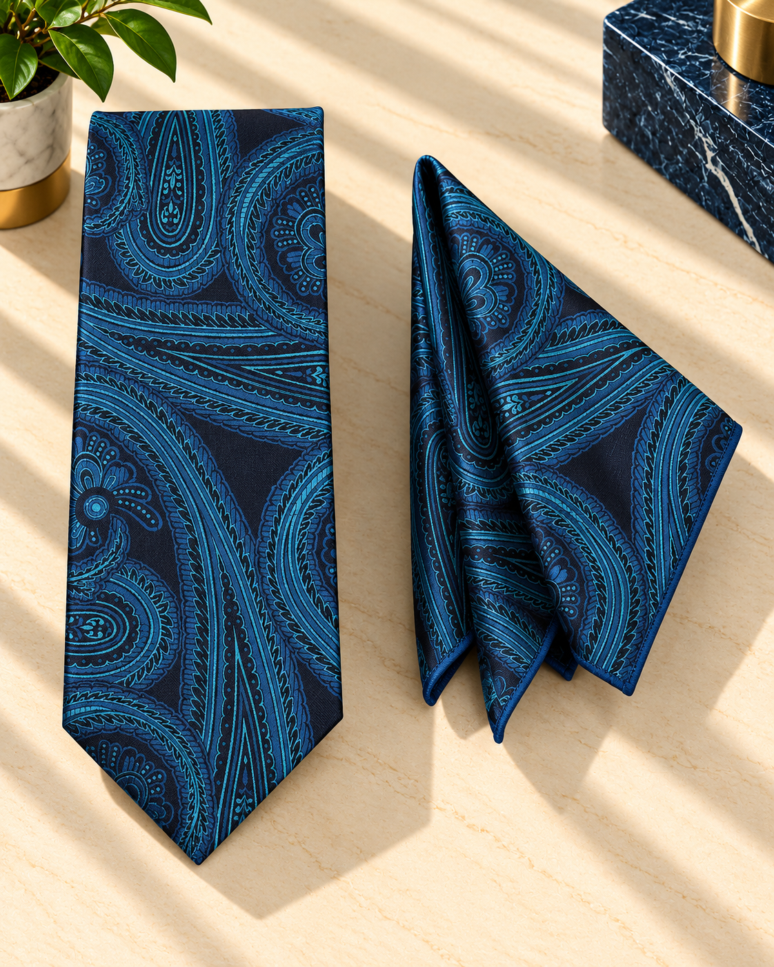 Teal Paisley MicroSilk Necktie Set with Pocket Square