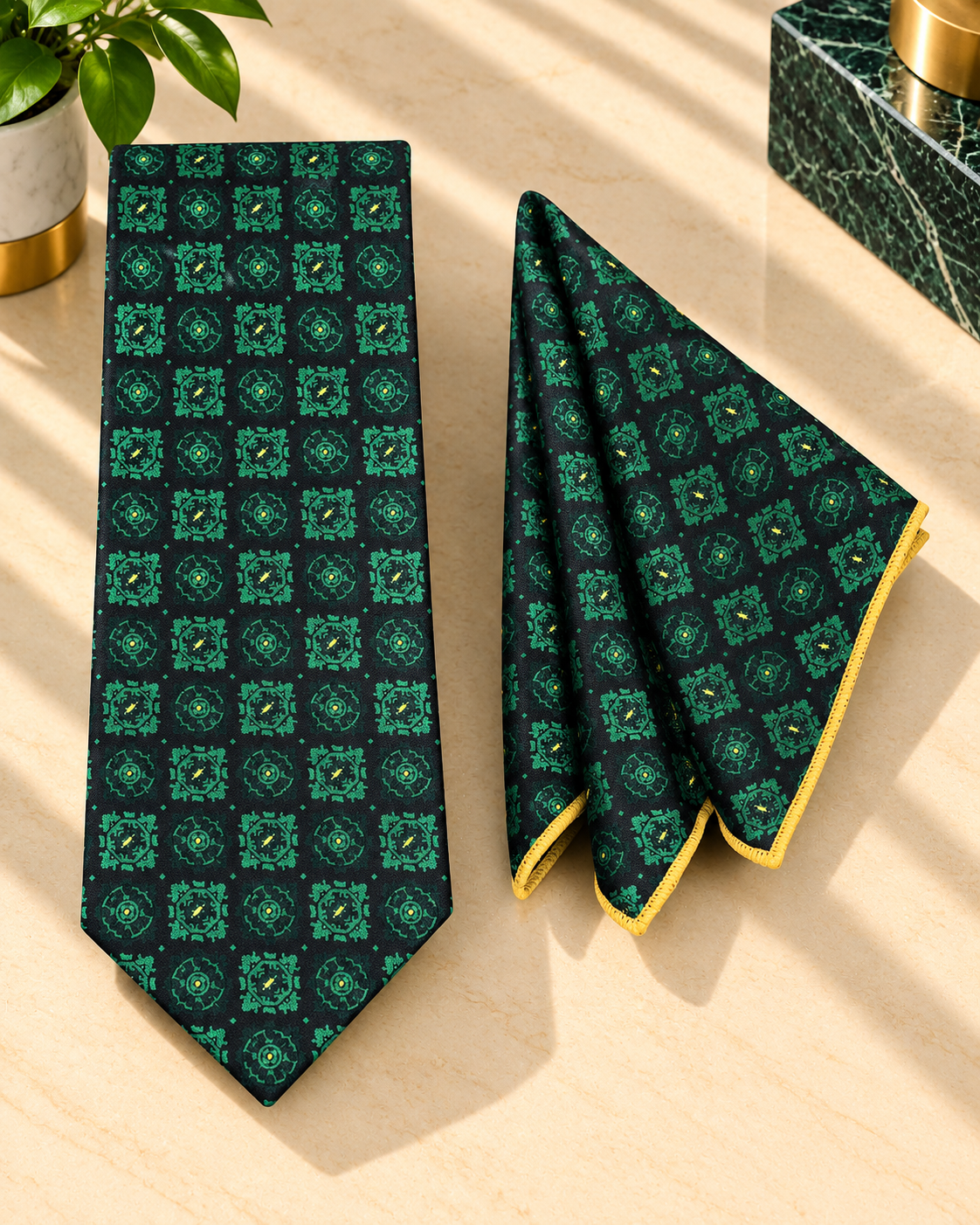 Dark Green Geometric MicroSilk Necktie & Pocket Square Set