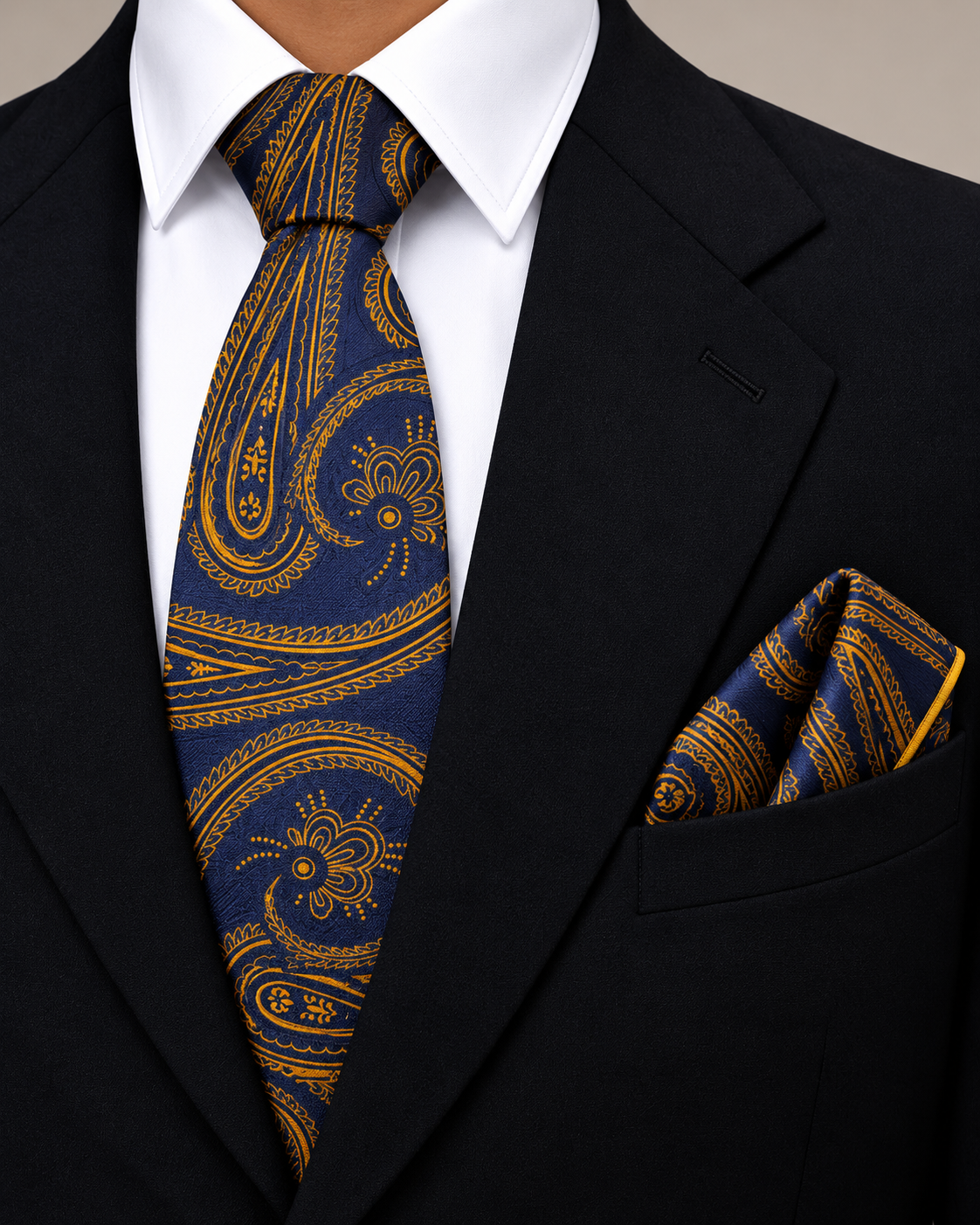 Navy Blue MicroSilk Paisley Necktie & Pocket Square Set