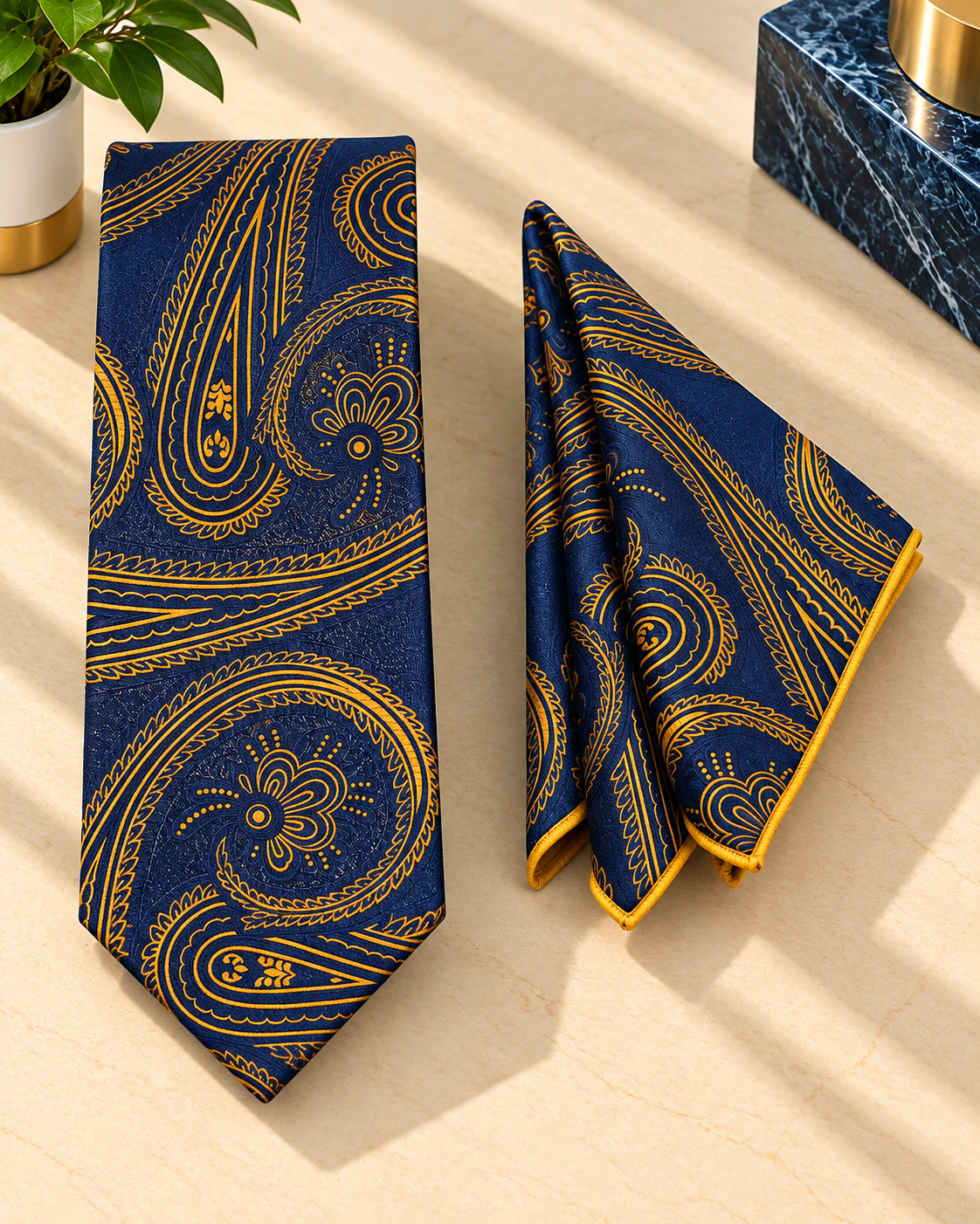 Navy Blue MicroSilk Paisley Necktie & Pocket Square Set