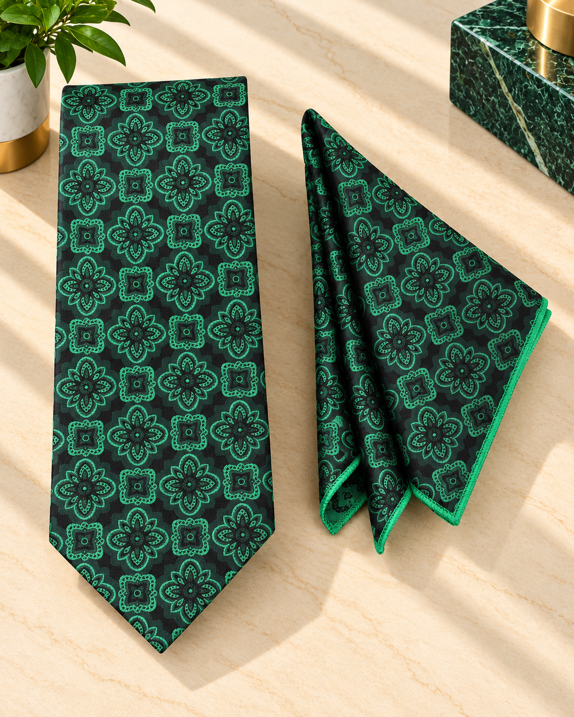 Emerald Green Geometric MicroSilk Tie with Pocket Square
