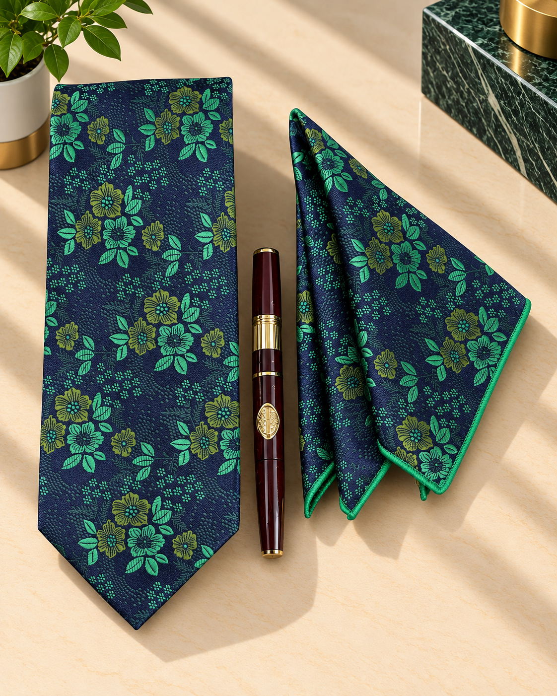 Navy Blue Floral MicroSilk Tie with Pocket Square
