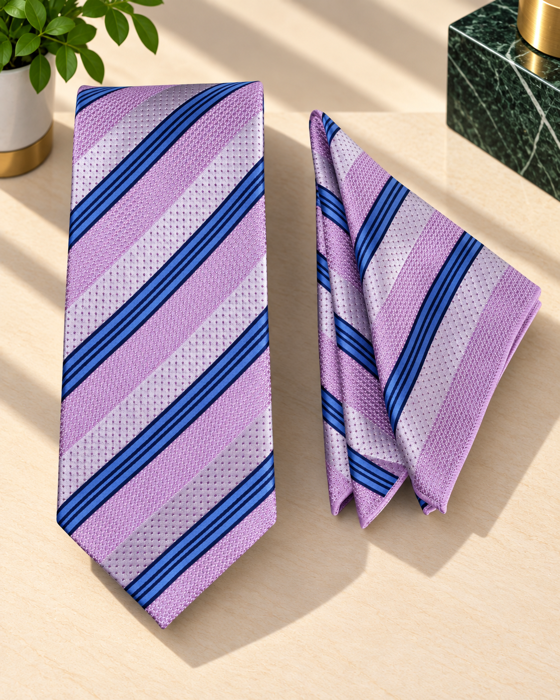 Lavender Striped MicroSilk Necktie Set with Pocket Square