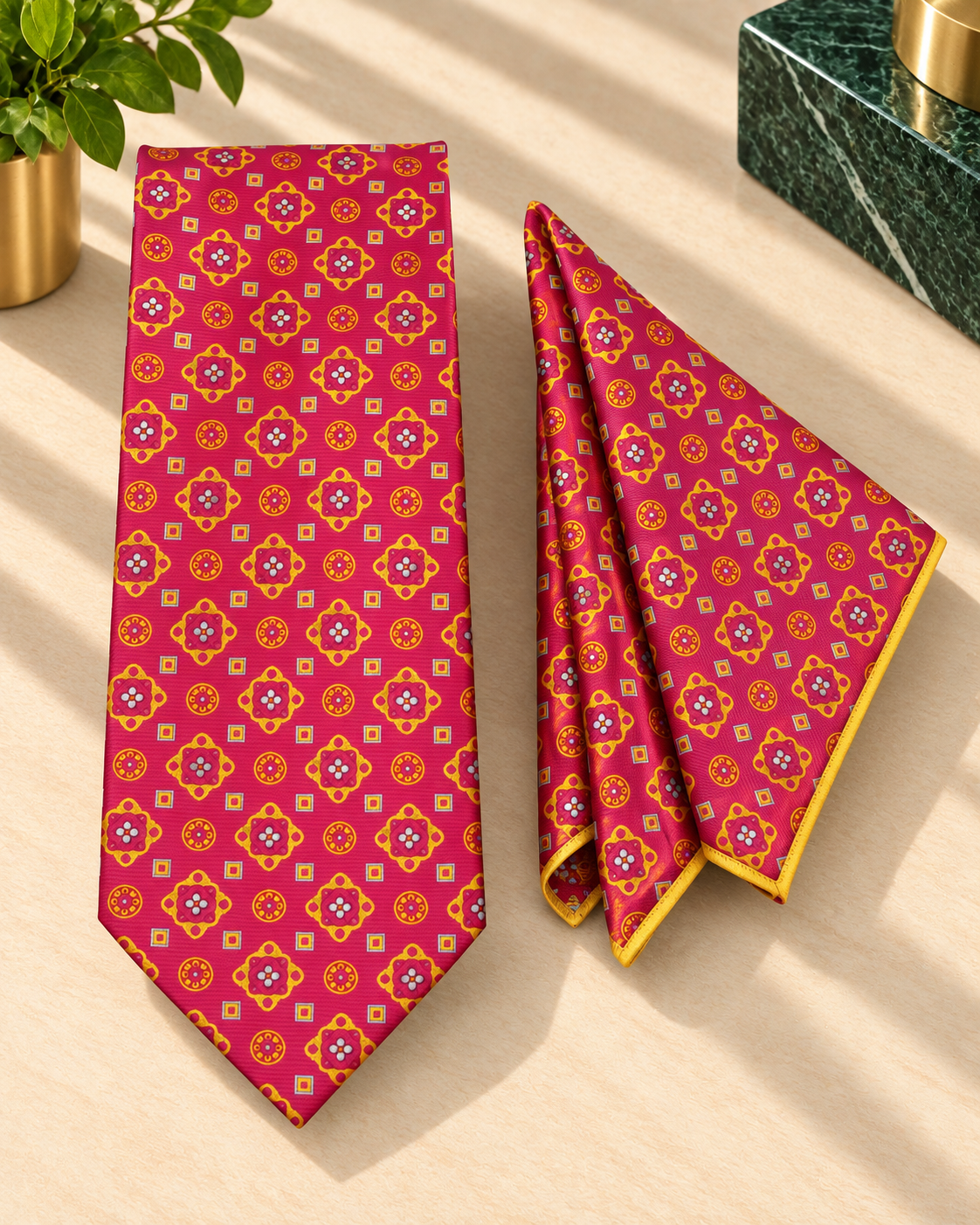 Magenta Geometric MicroSilk Necktie Set with Pocket Square