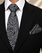 Black & Silver Paisley MicroSilk Necktie Set with Pocket Square