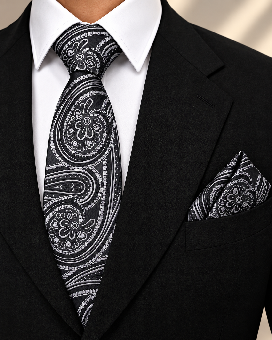 Black & Silver Paisley MicroSilk Necktie Set with Pocket Square