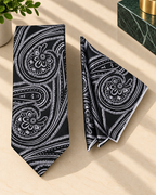 Black & Silver Paisley MicroSilk Necktie Set with Pocket Square