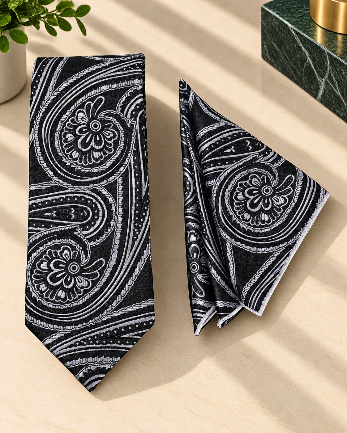 Black & Silver Paisley MicroSilk Necktie Set with Pocket Square