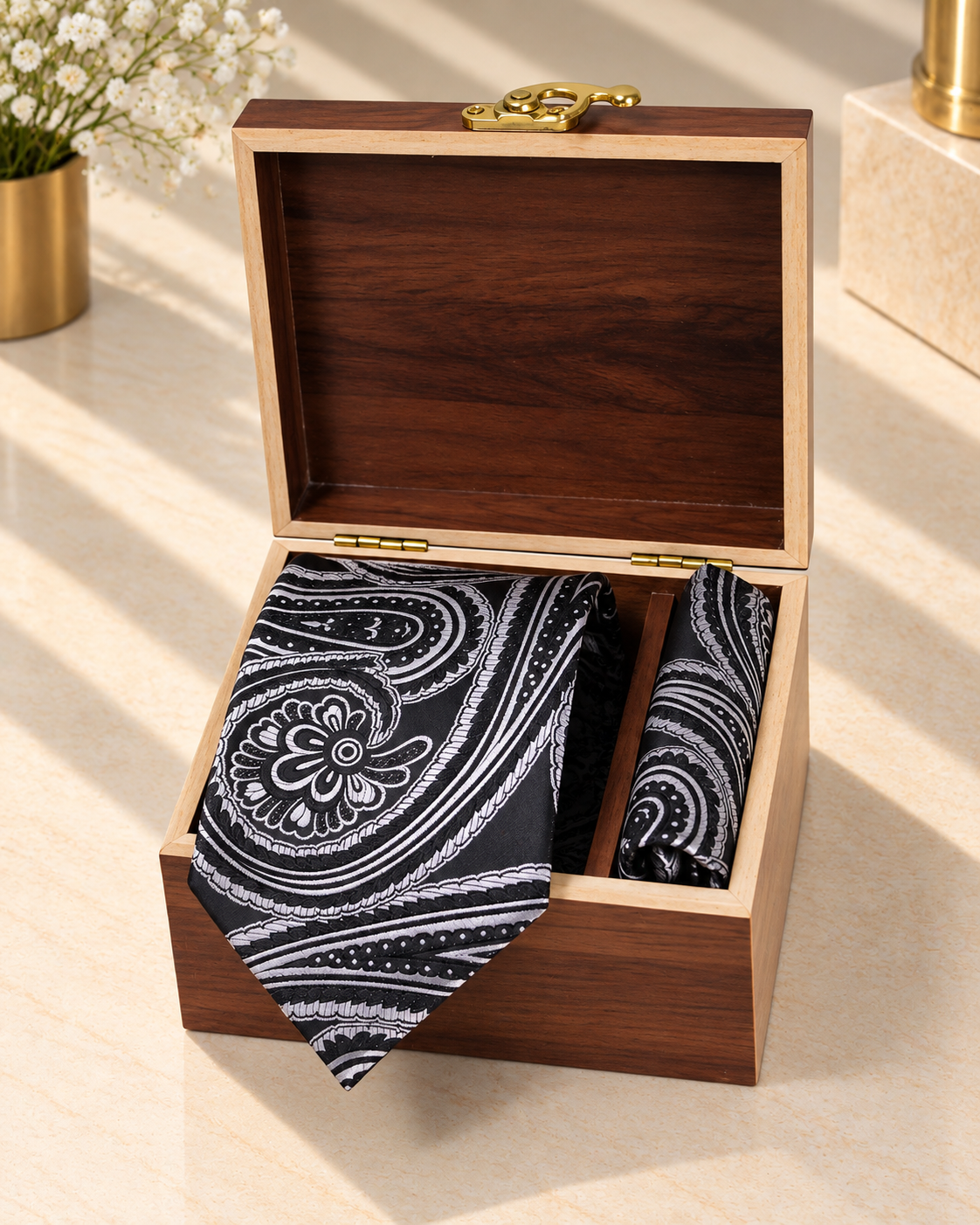 Black & Silver Paisley MicroSilk Necktie Set with Pocket Square