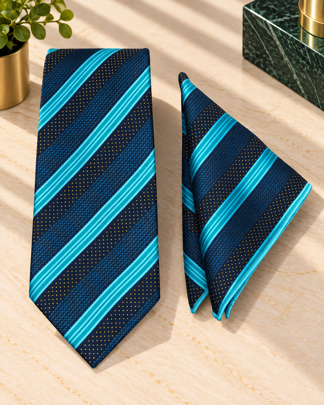 Navy Blue & Teal Striped Microsilk Tie & Pocket Square Set