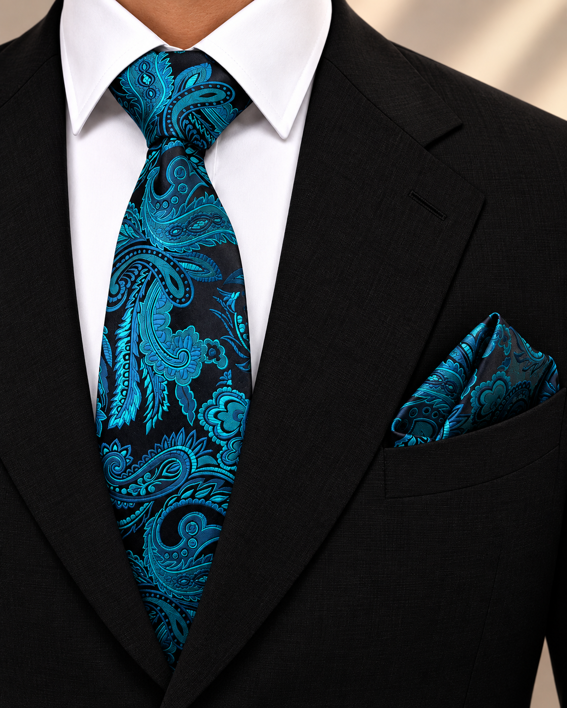 Teal Blue Paisley Microsilk Tie & Pocket Square Set