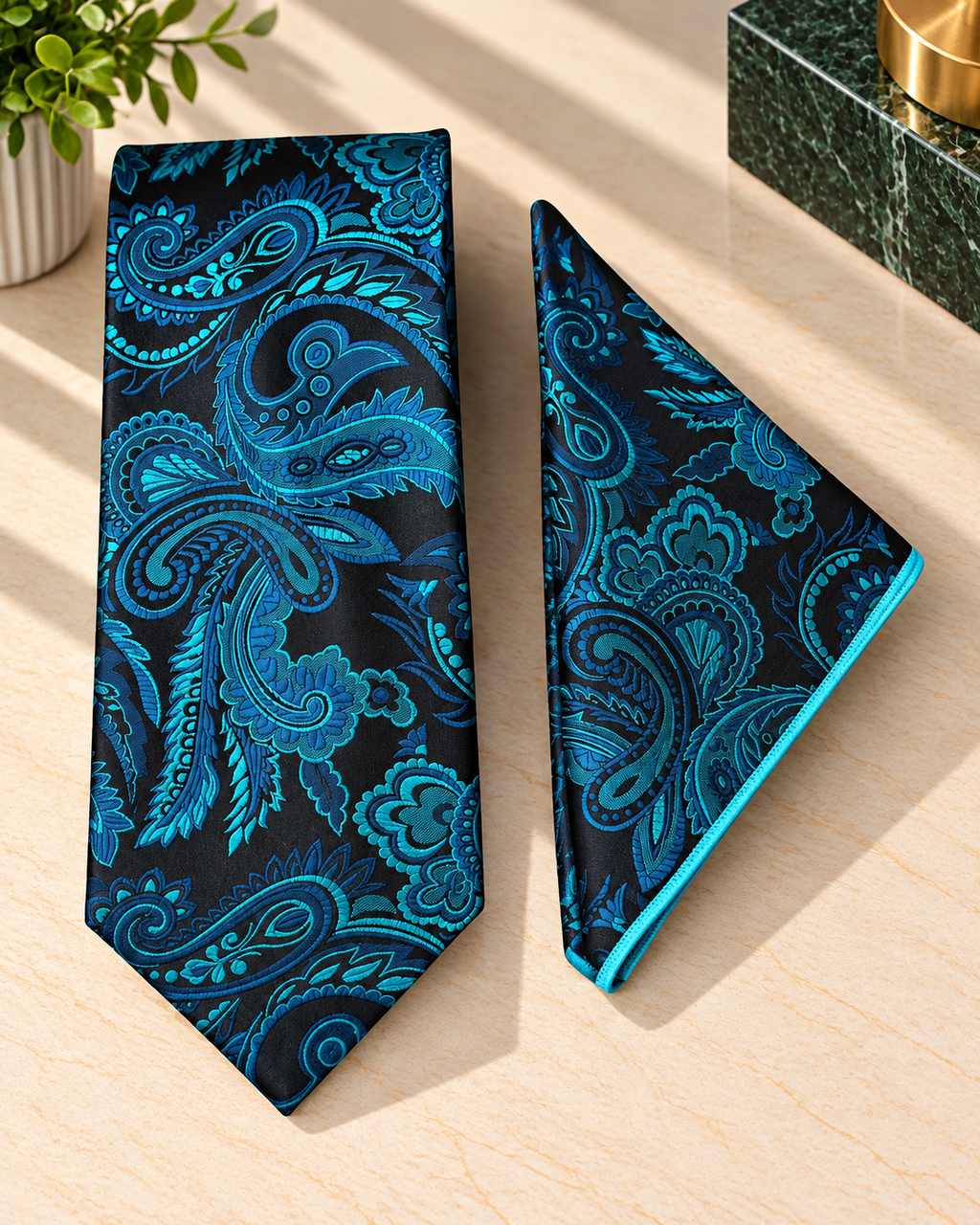 Teal Blue Paisley Microsilk Tie & Pocket Square Set