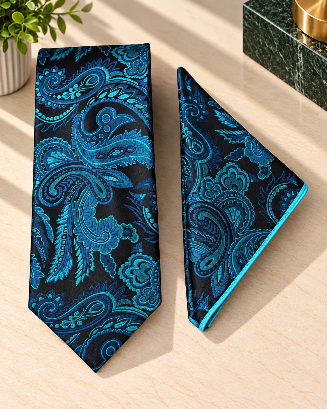 Teal Blue Paisley Microsilk Tie & Pocket Square Set