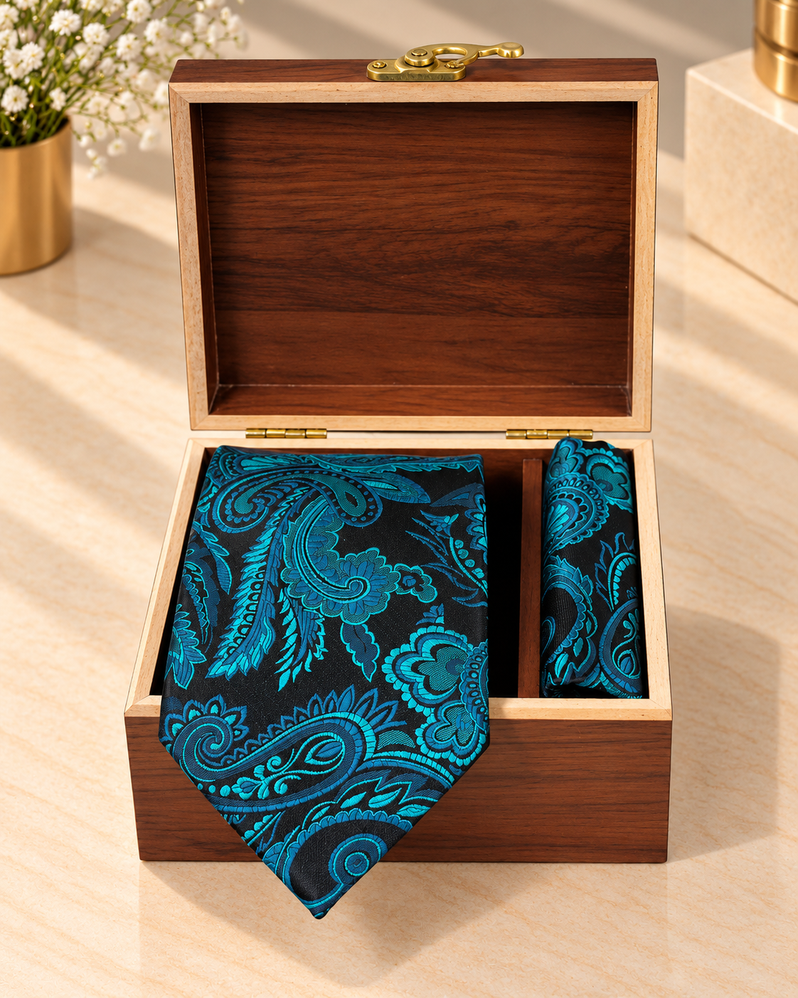 Teal Blue Paisley Microsilk Tie & Pocket Square Set