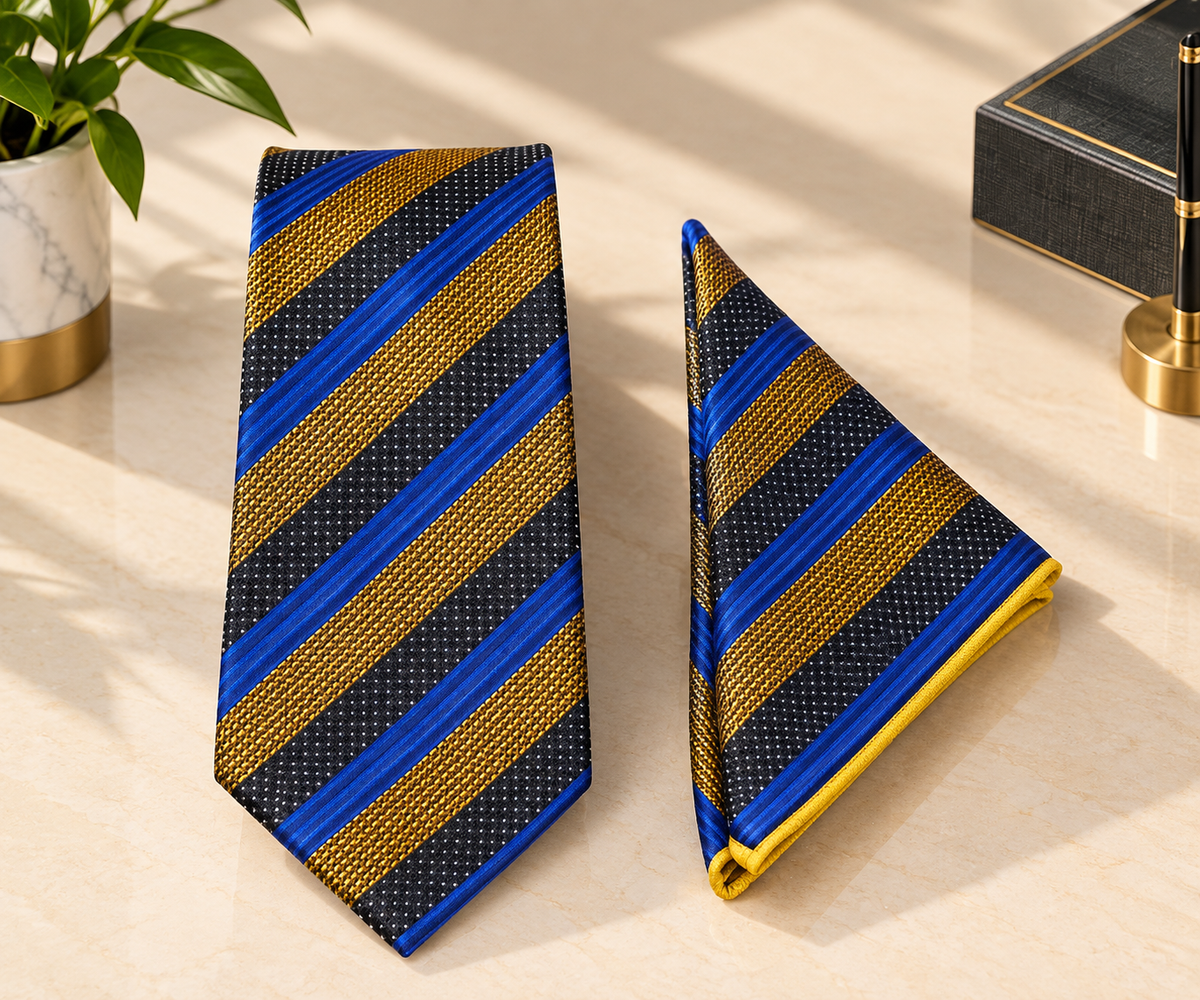 Navy Blue & Gold Striped Microsilk Tie and Pocket Square Set