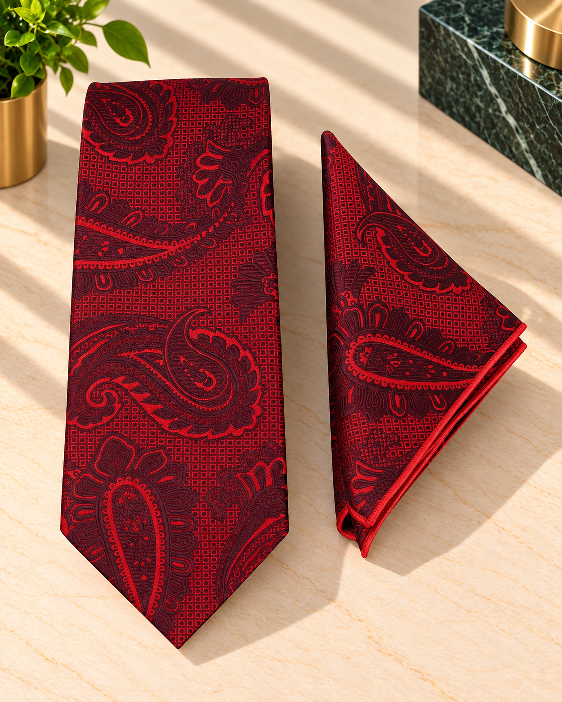 Wine Red Paisley Microsilk Tie & Pocket Square Set