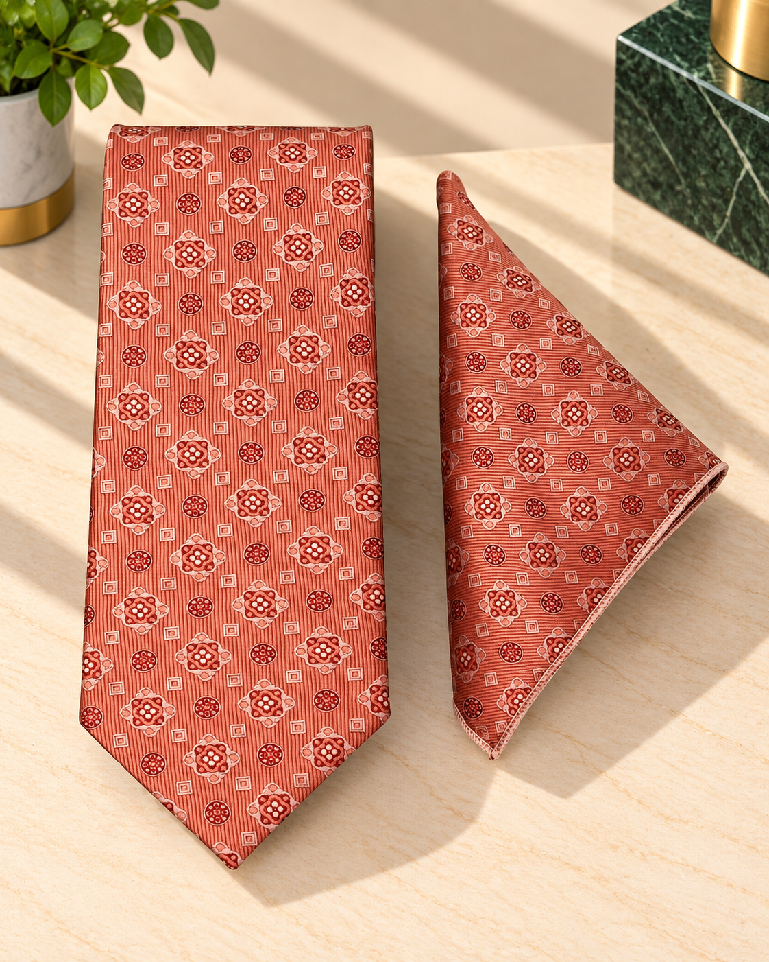 Coral Pink Geometric Microsilk Tie & Pocket Square Set