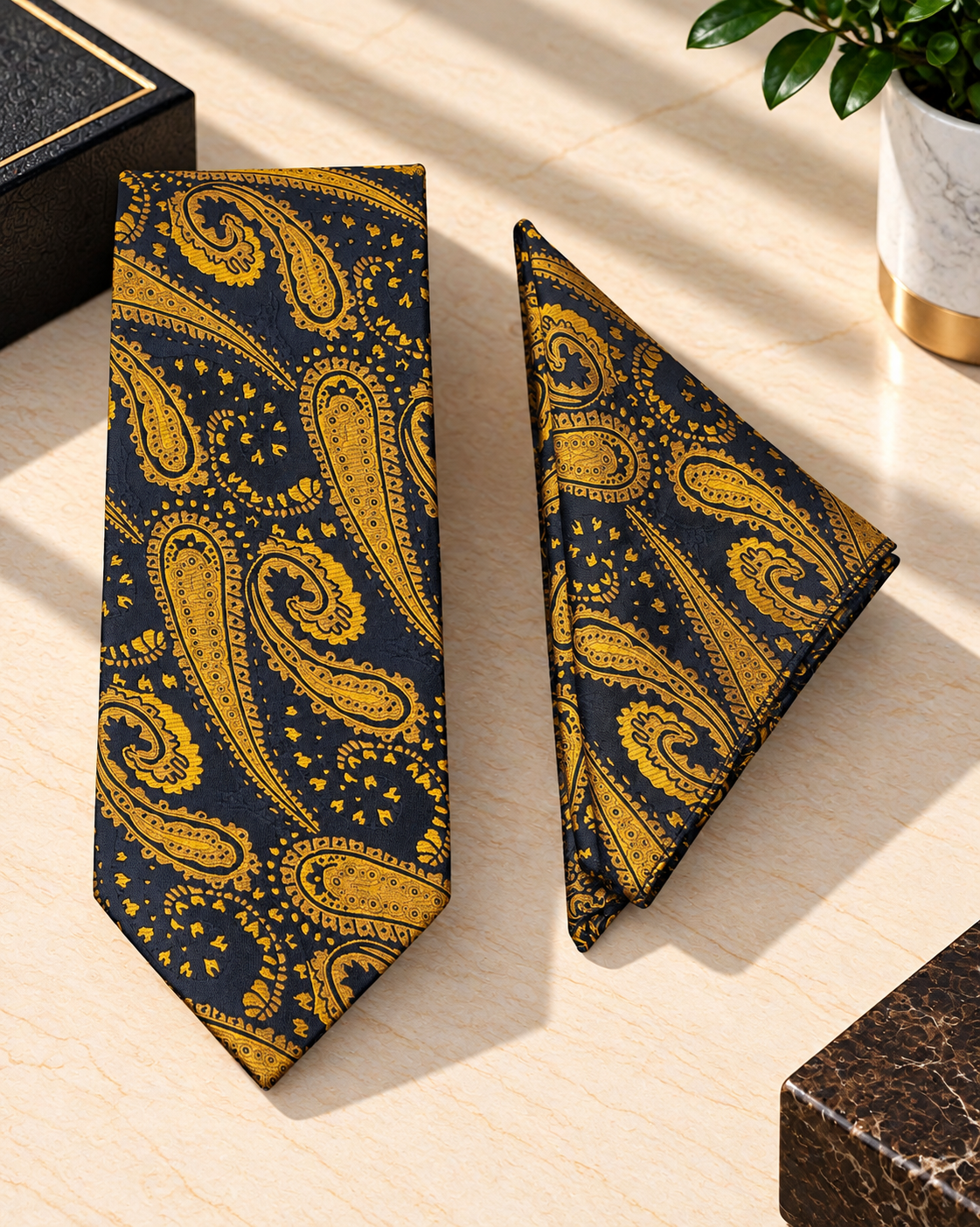 Black & Antique Gold Paisley Microsilk Tie Set with Pocket Square