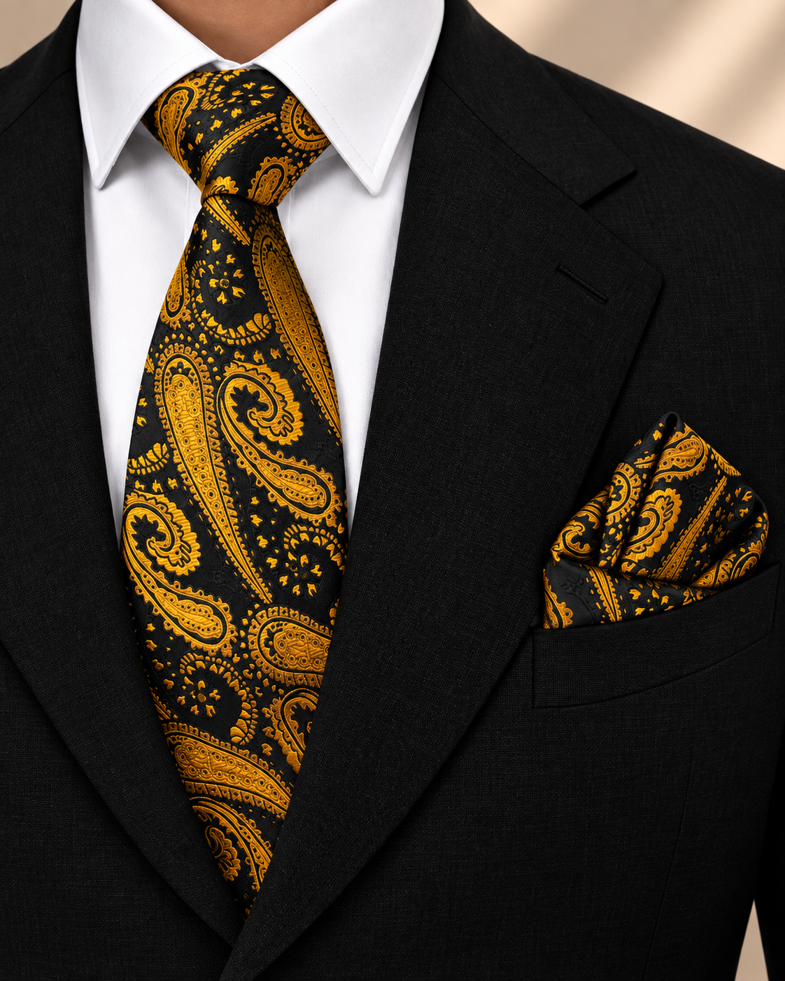 Black & Antique Gold Paisley Microsilk Tie Set with Pocket Square