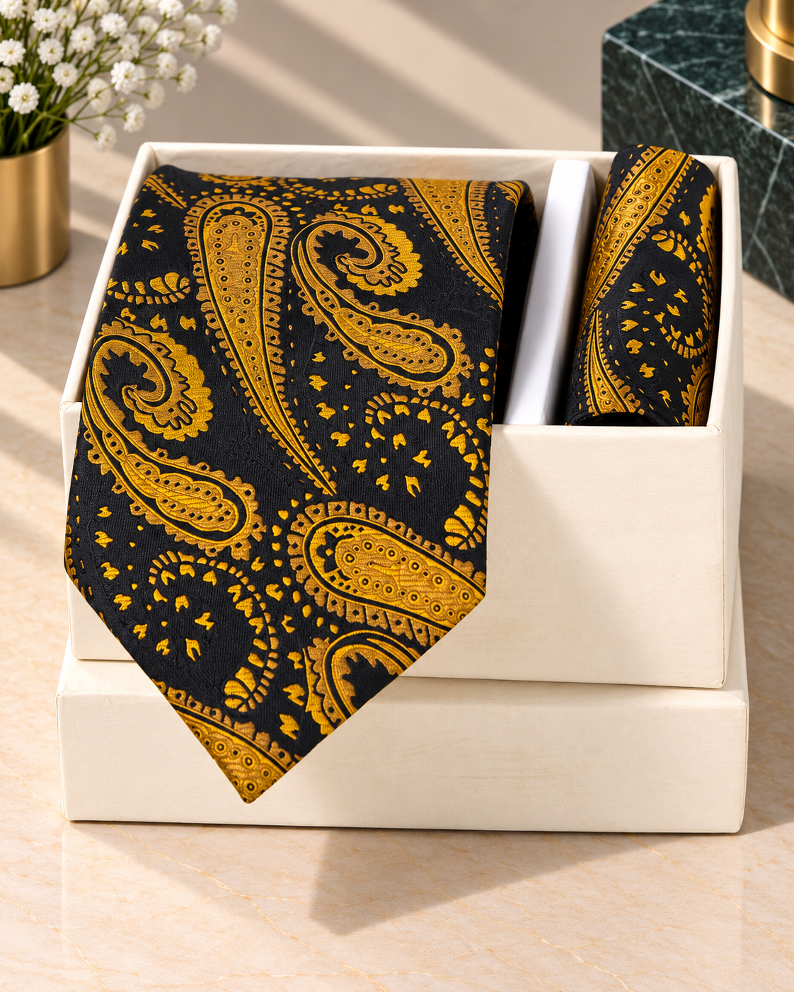 Black & Antique Gold Paisley Microsilk Tie Set with Pocket Square