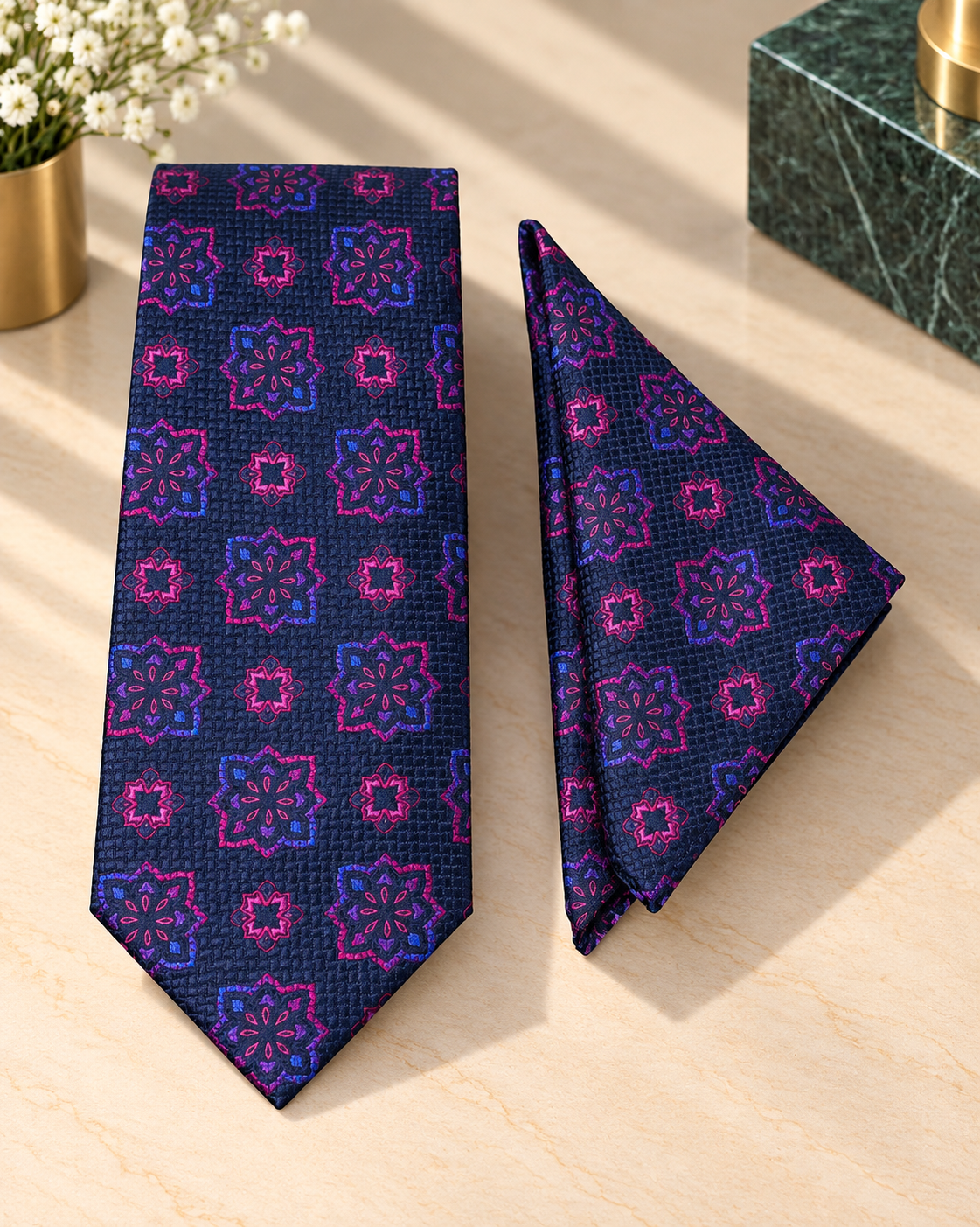 Navy Blue & Magenta Floral Microsilk Tie Set with Pocket Square