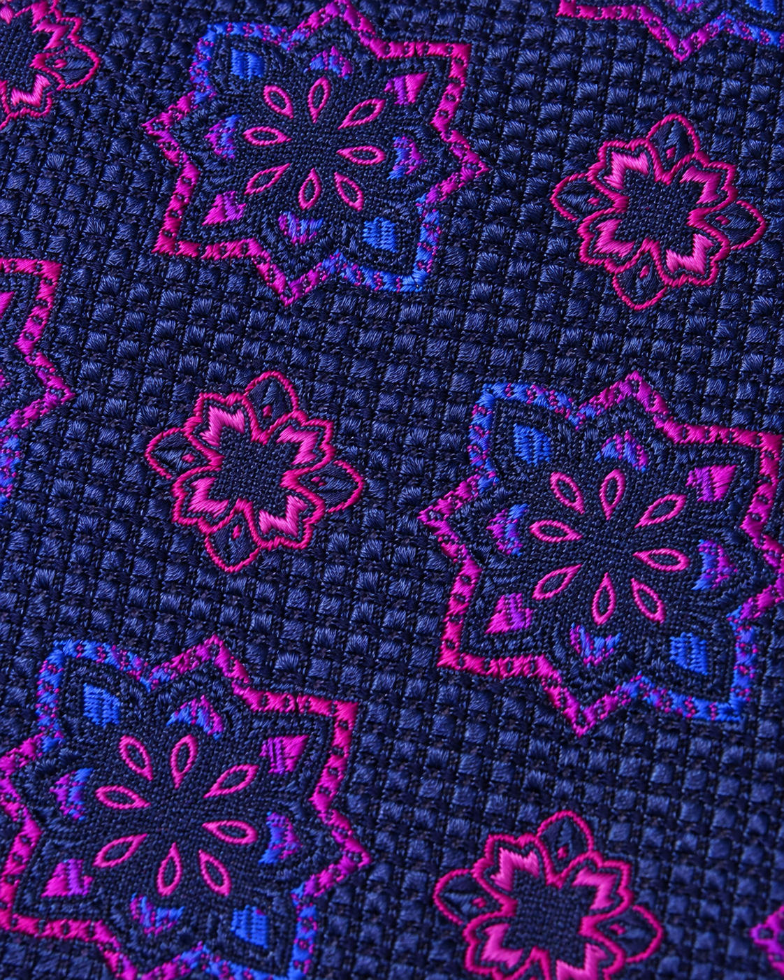 Navy Blue & Magenta Floral Microsilk Tie Set with Pocket Square