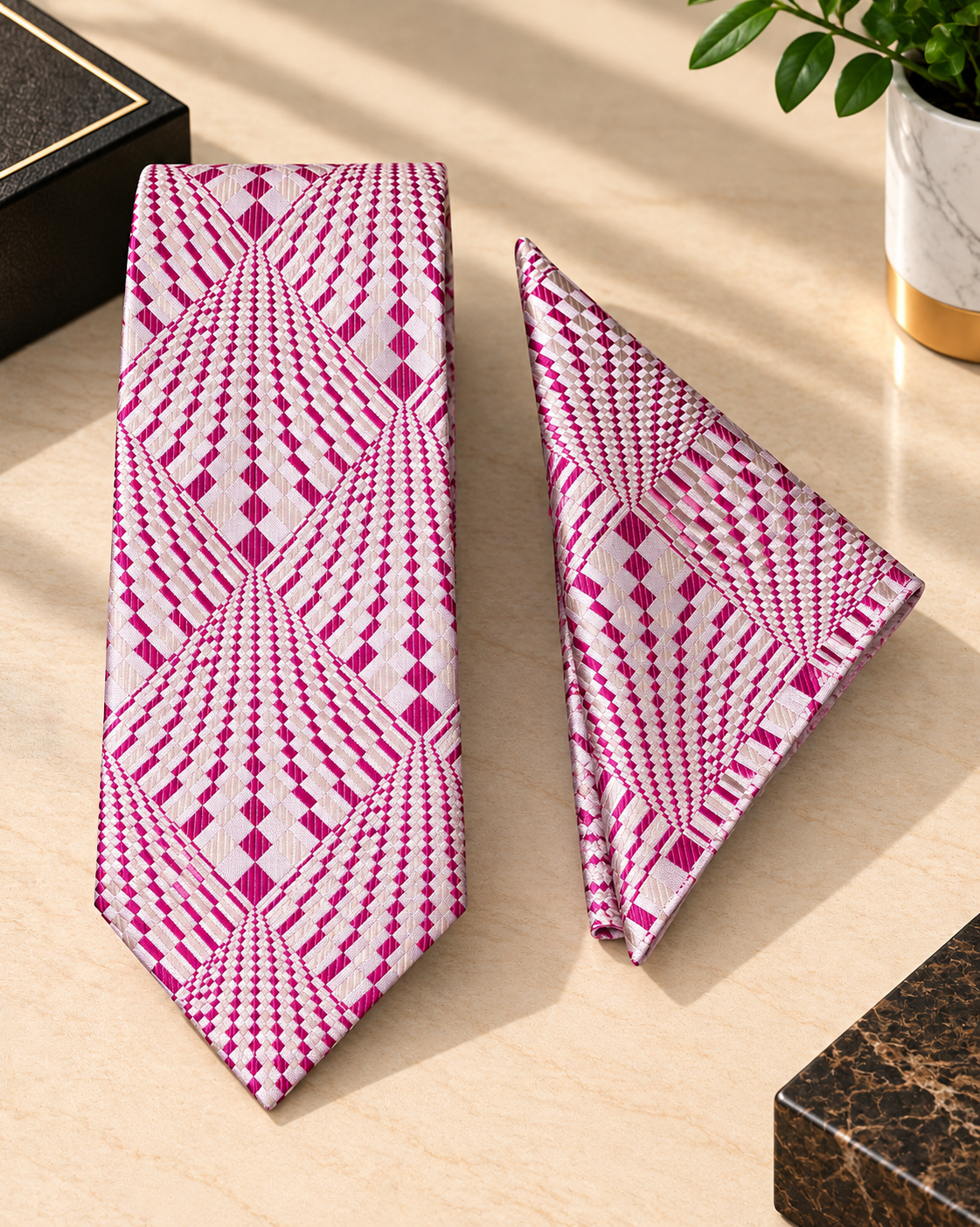 Silver & Magenta Geometric Microsilk Tie Set with Pocket Square