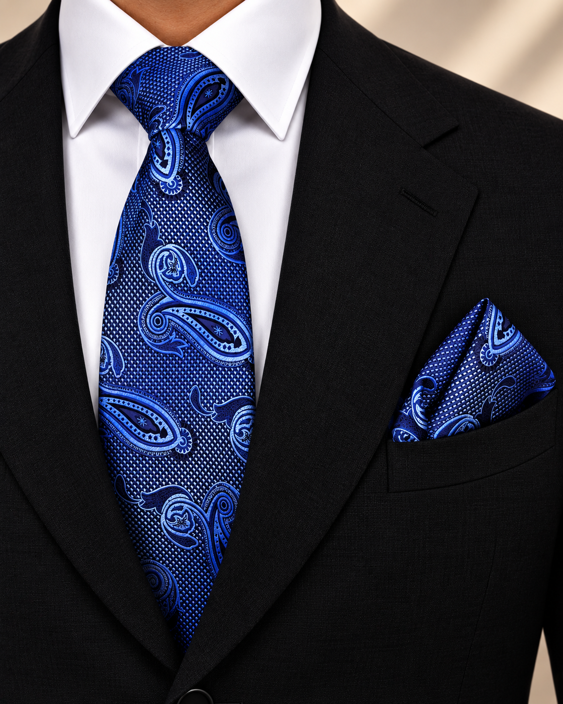 Classic Blue Paisley Microsilk Tie Set with Pocket Square