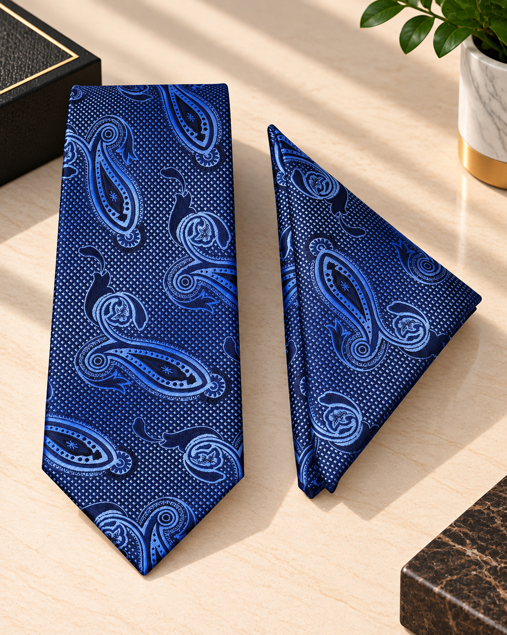 Classic Blue Paisley Microsilk Tie Set with Pocket Square
