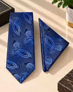 Classic Blue Paisley Microsilk Tie Set with Pocket Square