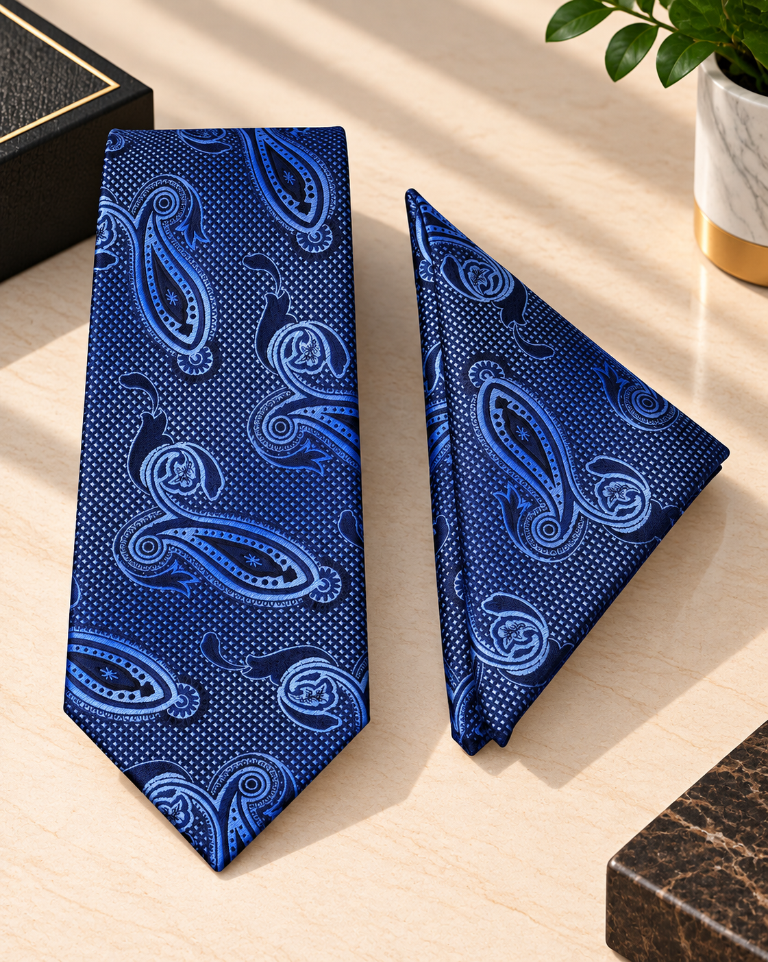 Classic Blue Paisley Microsilk Tie Set with Pocket Square