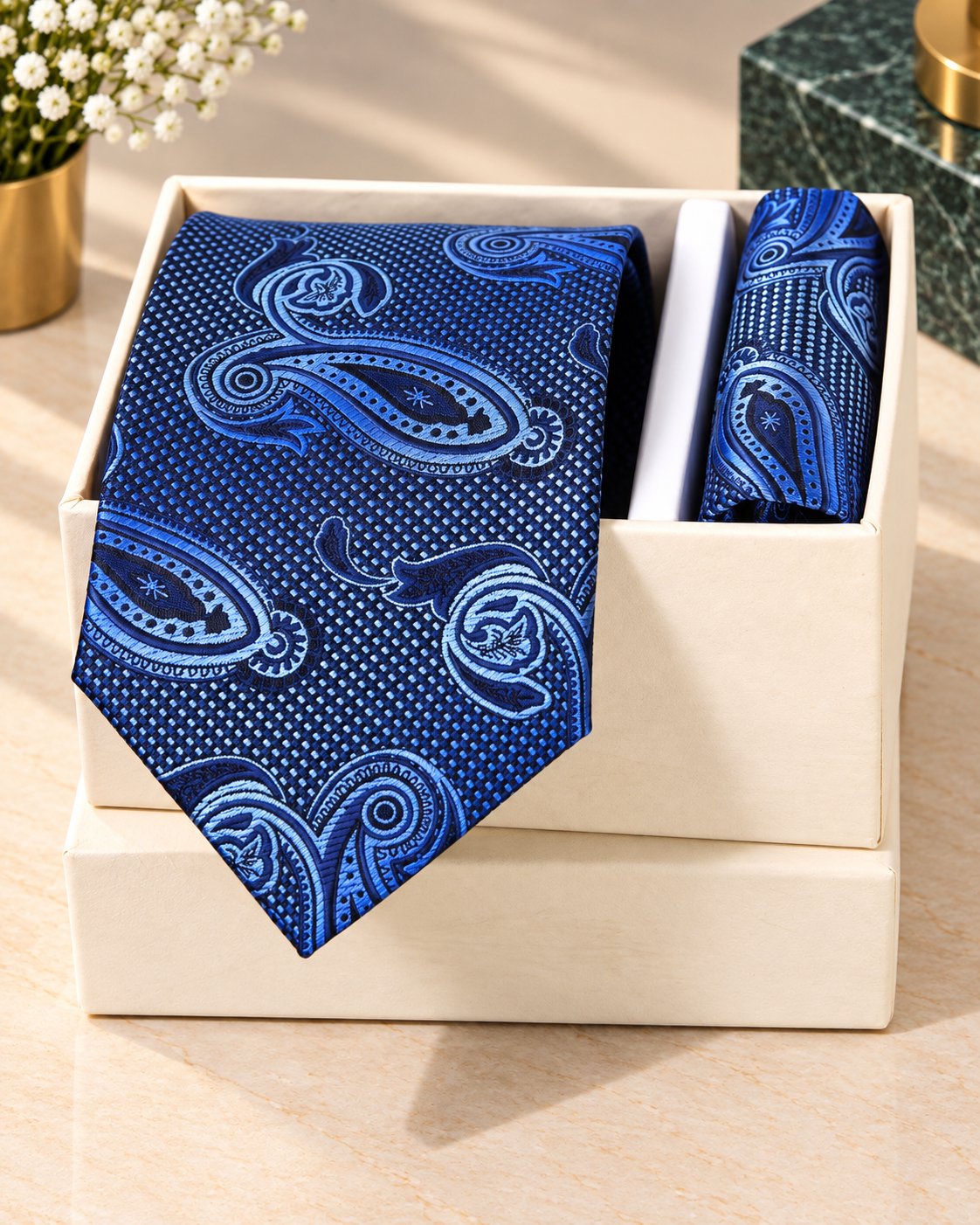 Classic Blue Paisley Microsilk Tie Set with Pocket Square