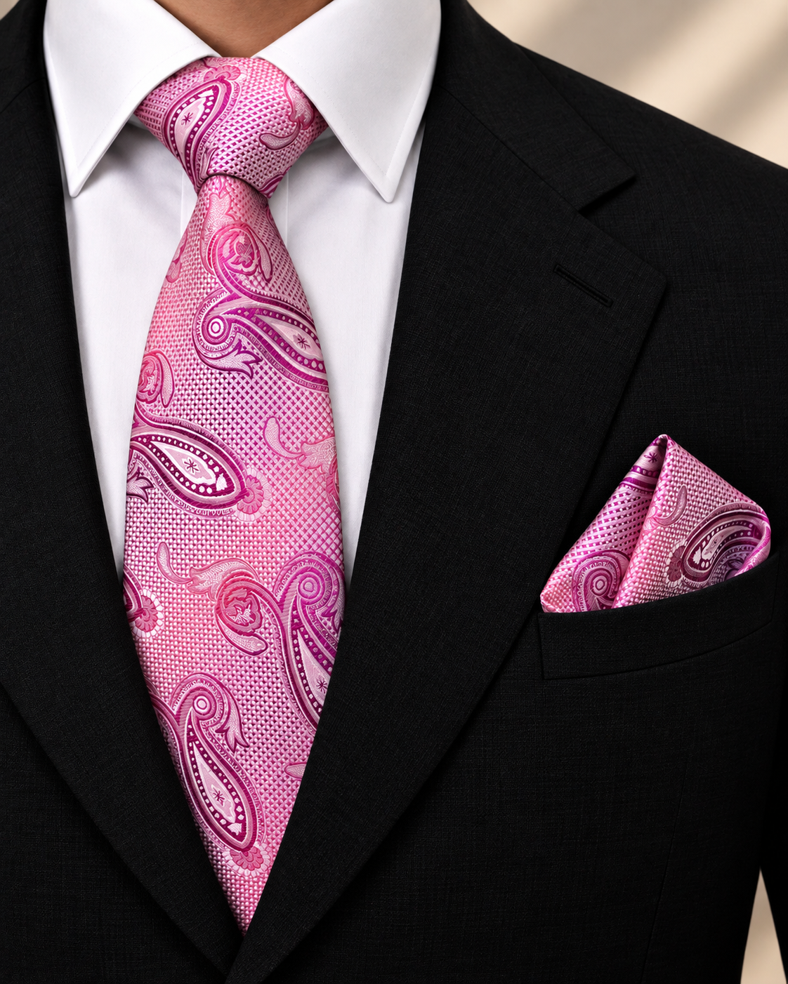 Luxury Pink Paisley Microsilk Tie Set with Pocket Square