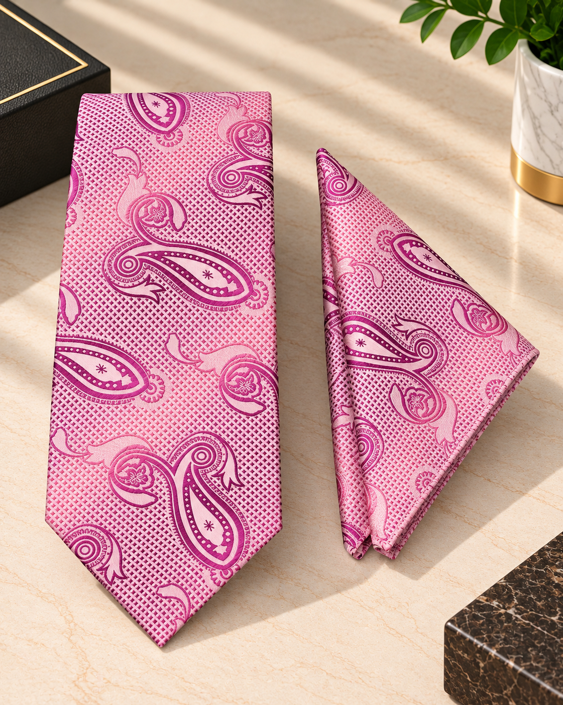 Luxury Pink Paisley Microsilk Tie Set with Pocket Square