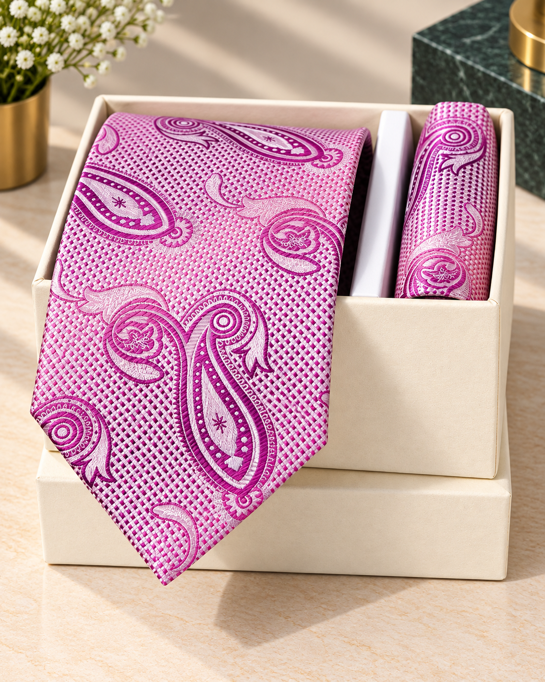 Luxury Pink Paisley Microsilk Tie Set with Pocket Square