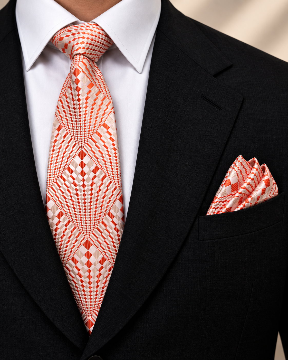 Orange & Silver Geometric Microsilk Tie Set with Pocket Square