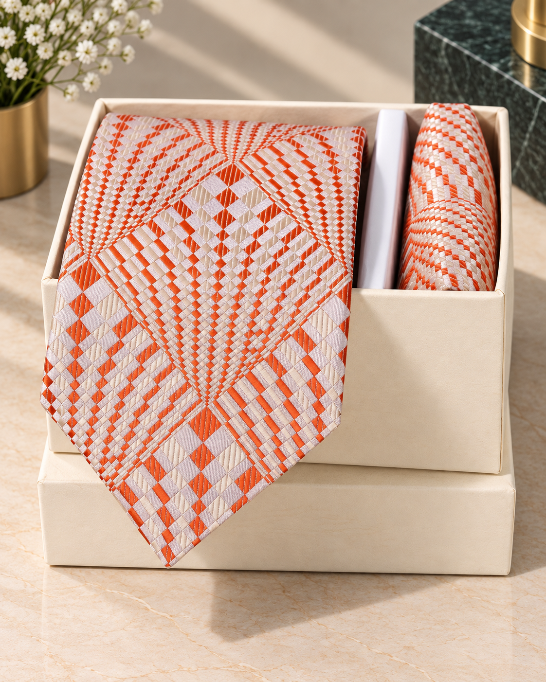 Orange & Silver Geometric Microsilk Tie Set with Pocket Square