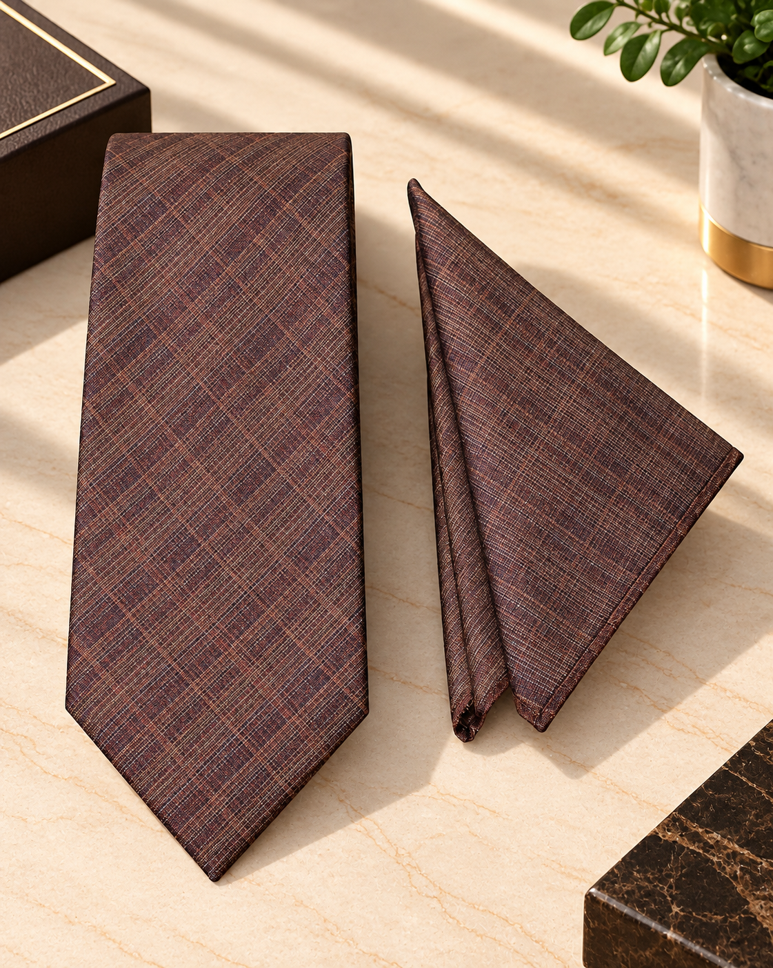 Brown Textured Microsilk Tie Set with Pocket Square