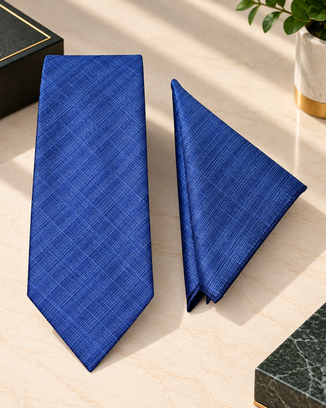 Navy Blue Textured Microsilk Tie Set with Pocket Square