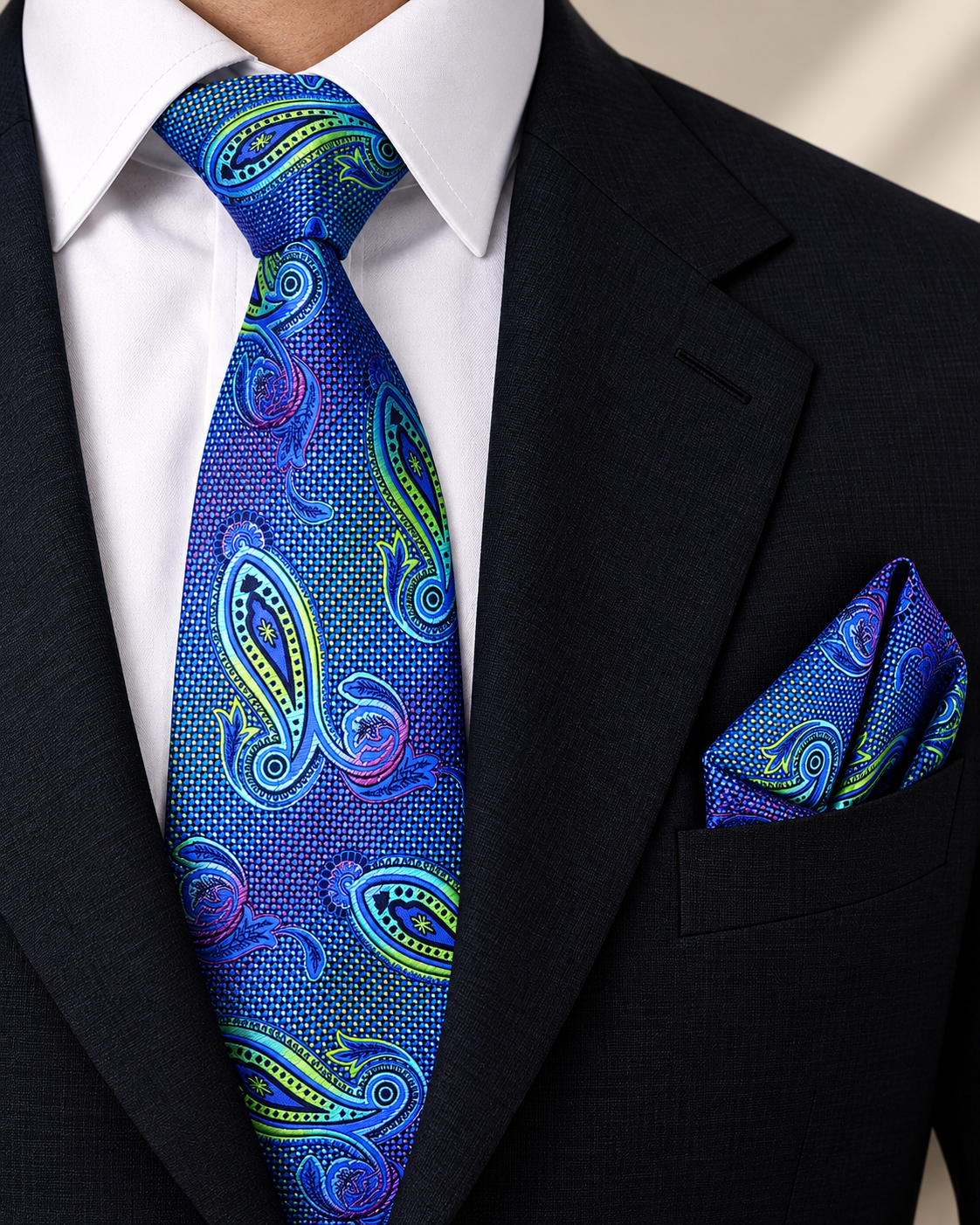 Royal Blue & Green Paisley Microsilk Tie Set with Pocket Square