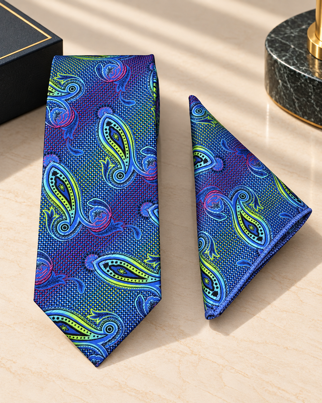 Royal Blue & Green Paisley Microsilk Tie Set with Pocket Square