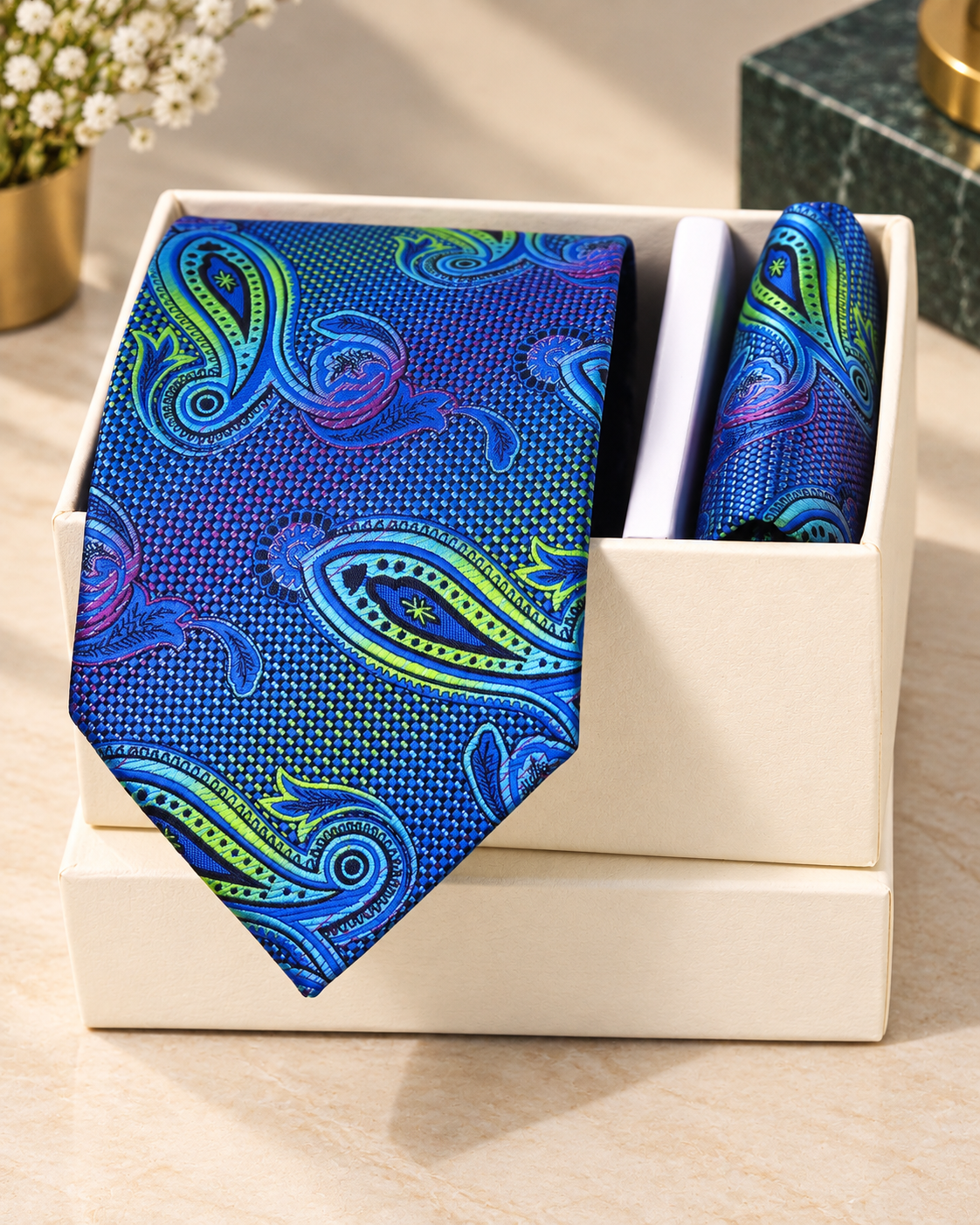 Royal Blue & Green Paisley Microsilk Tie Set with Pocket Square