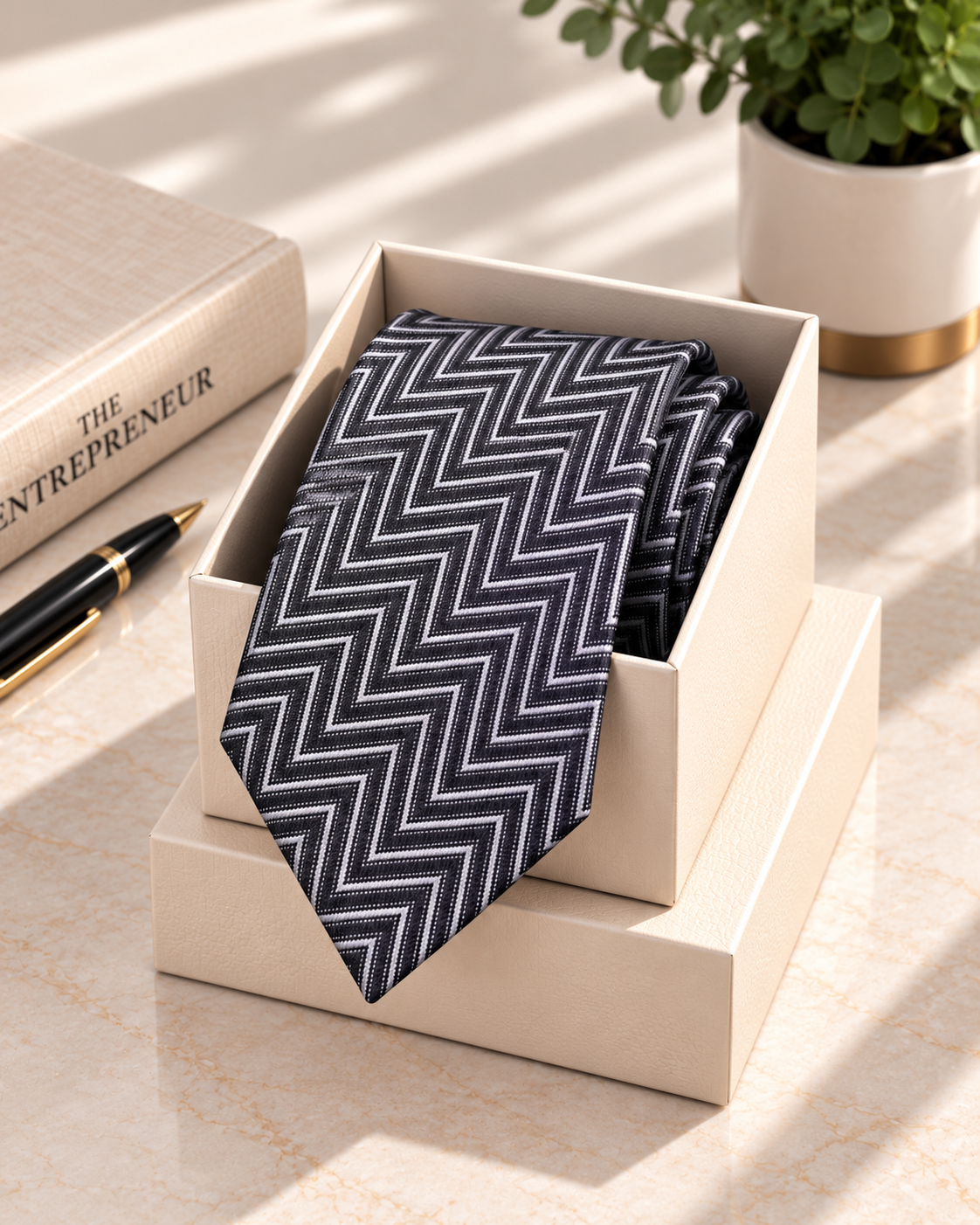 Grey & Black Zigzag Pattern Microsilk Tie